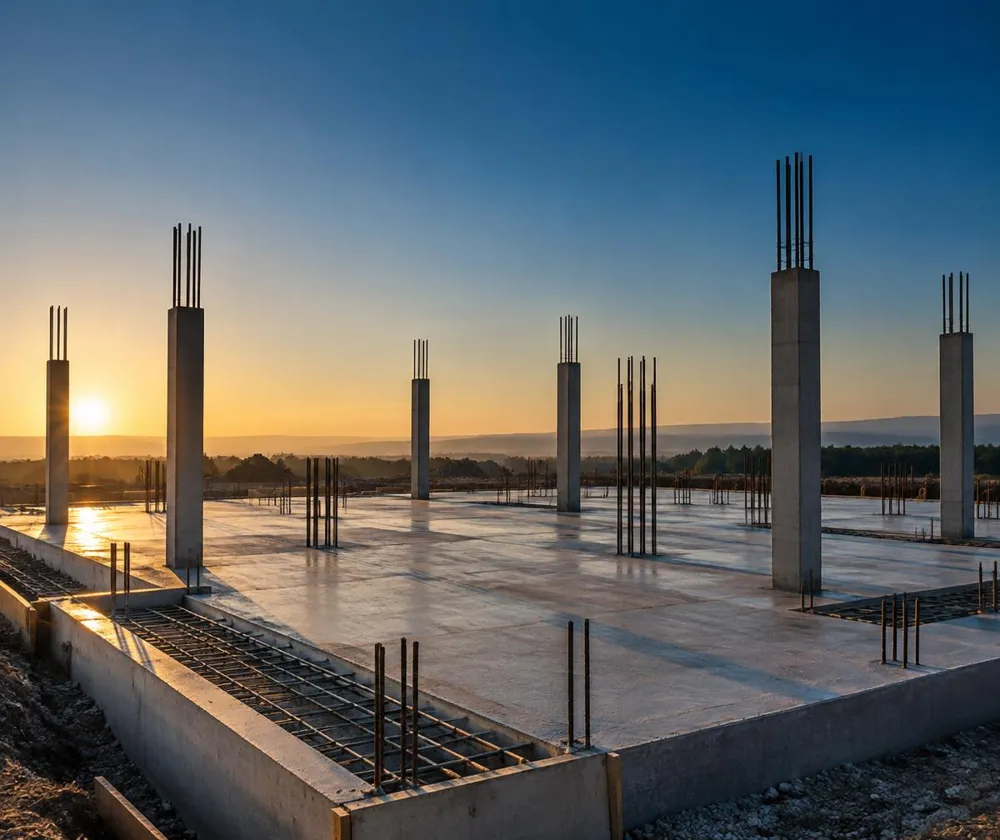 Fundação de concreto com os primeiros pilares sendo erguidos ao amanhecer.